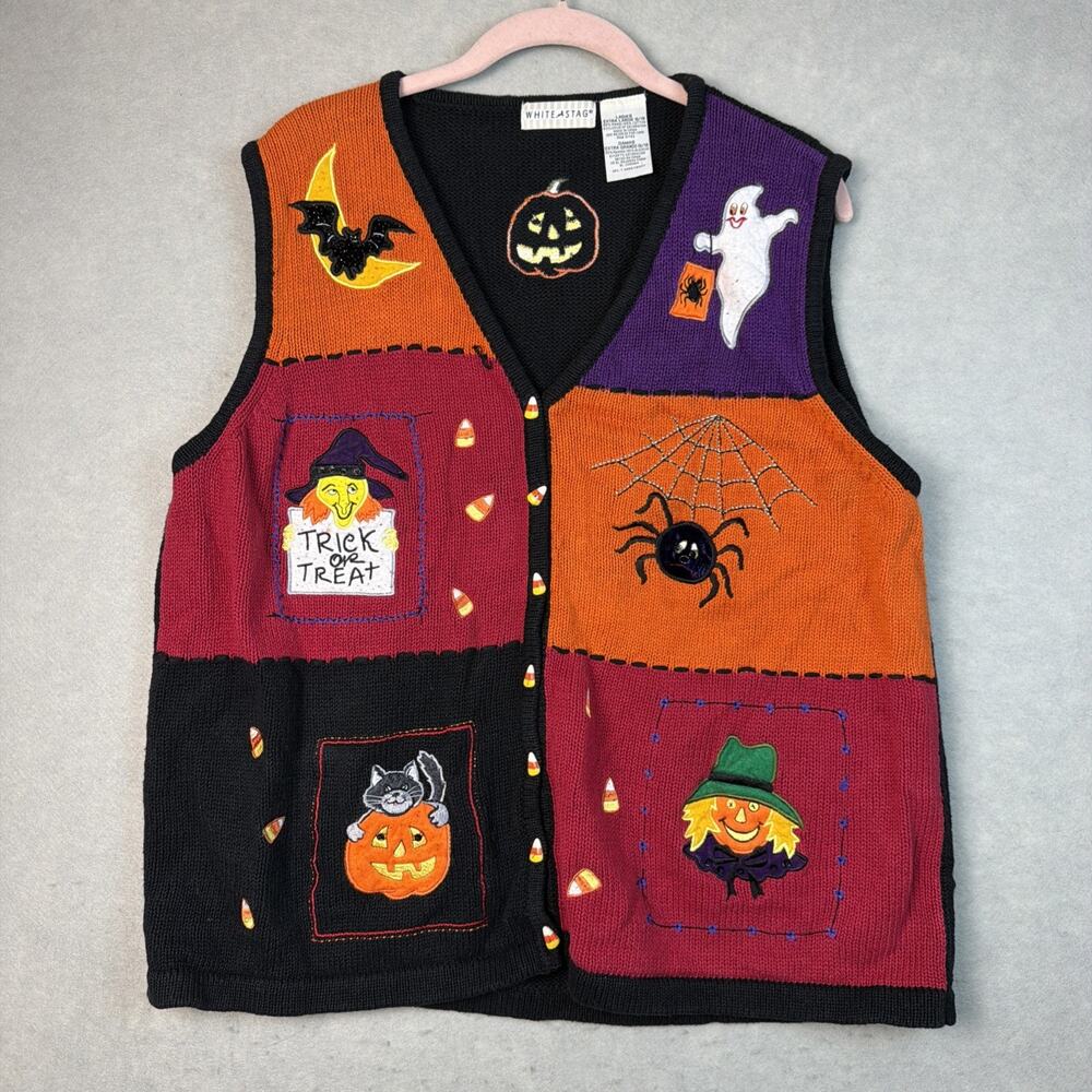 White Stag Halloween Cat Witch Knit Ugly‎ Sweater Vest Women XL Goth Embroidered
